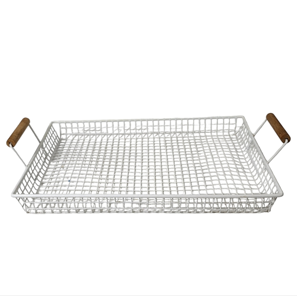 Vintage White Wire Mesh Paper Basket Tray With‎ Turned Wood Handles